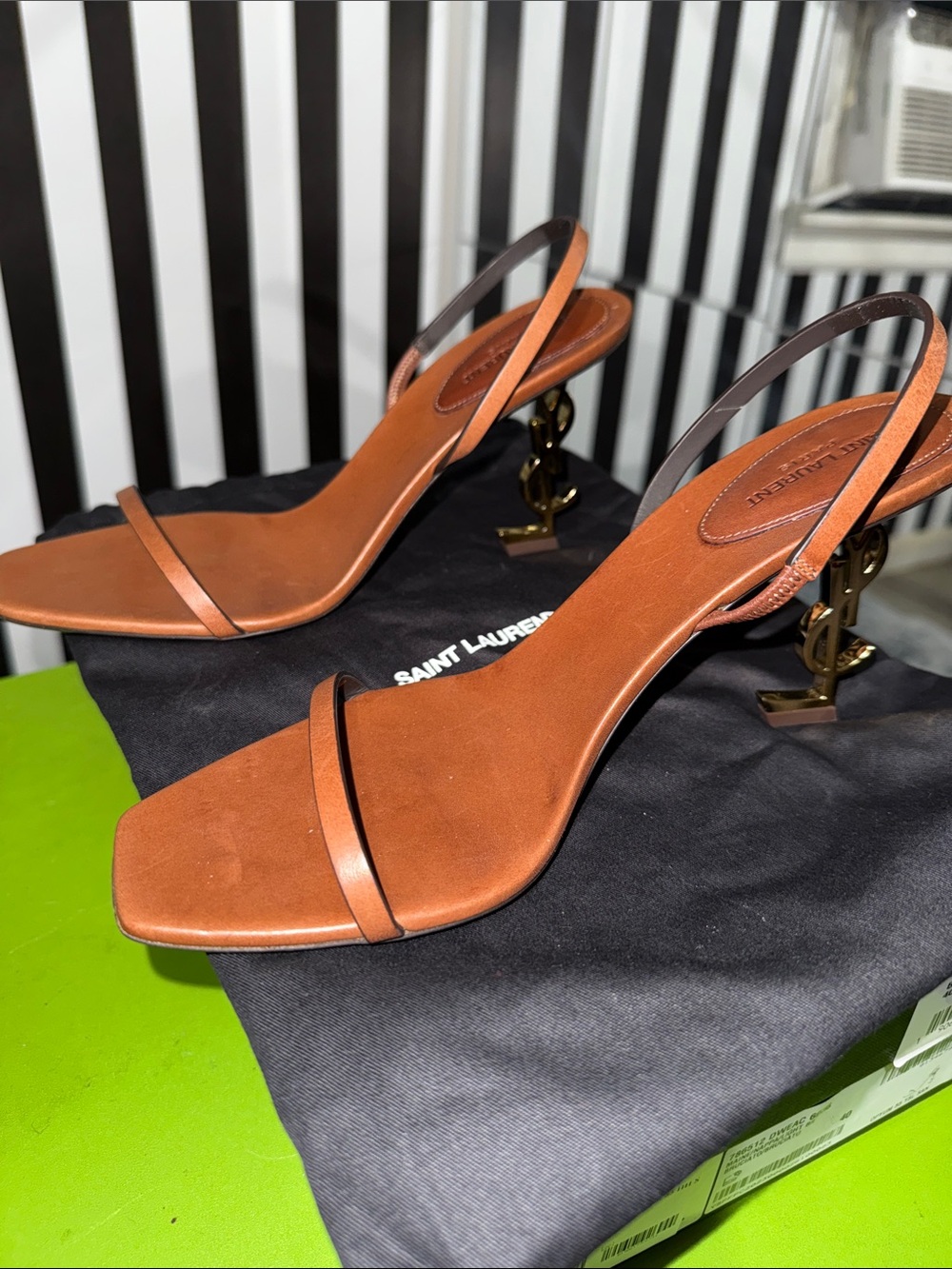 Yves Saint Laurent Brown Leather Logo Stiletto Sandal with Gold Heel - Picture 6 of 7